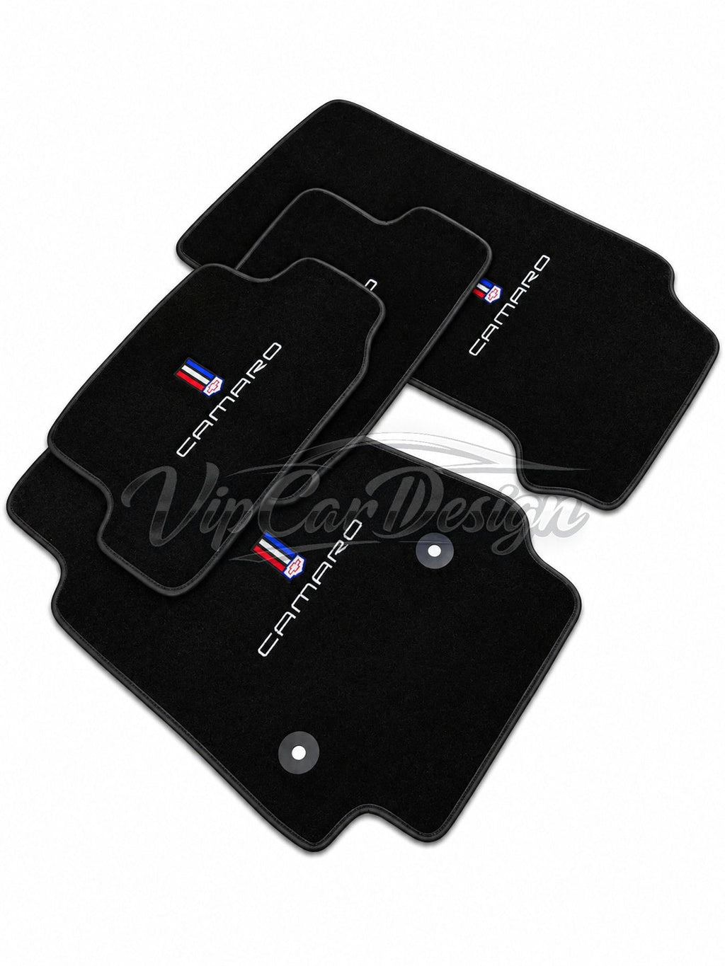 Chevrolet Camaro 2016 and After Custom Fit Floor Mats Camaro Logo - Full Set Angled View | VipCarDesign