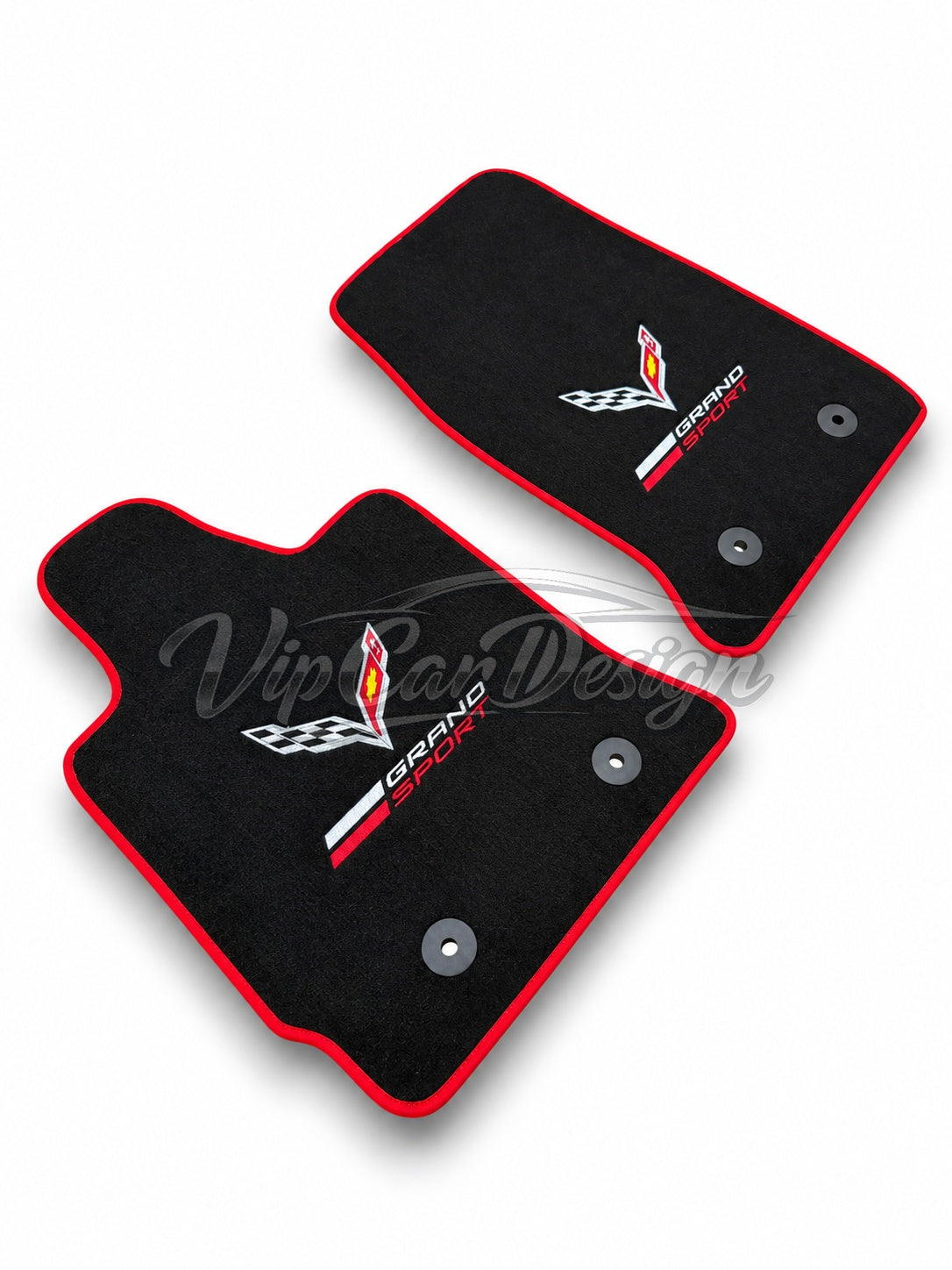 Chevrolet Corvette C3 (1968-1982) Custom Fit Floor Mats Grand Sport Logo - Full Set Angled View | VipCarDesign