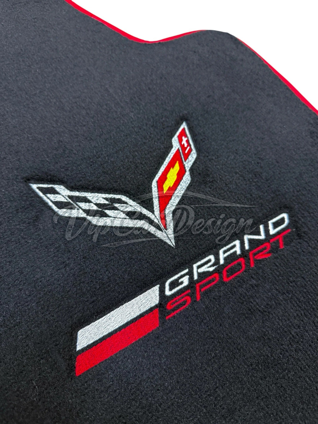 Chevrolet Corvette C7 (2014-2019) Custom Fit Floor Mats Grand Sport Logo - Logo Embroidery Detail | VipCarDesign