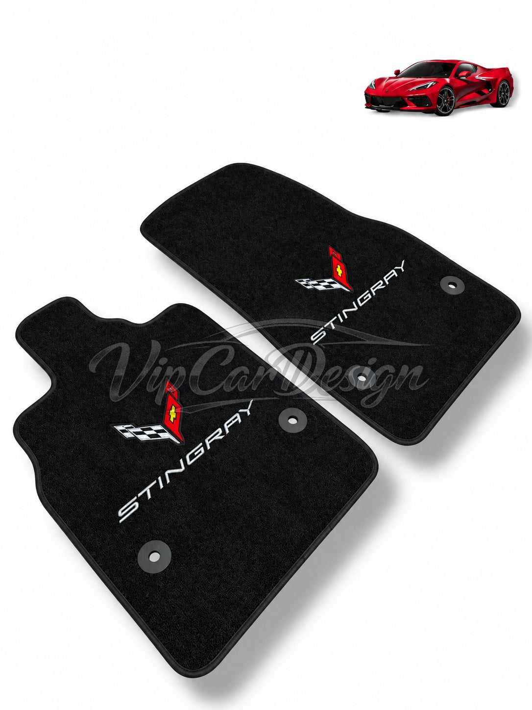 Chevrolet Corvette C3 (1968-1982) Custom Fit Floor Mats Stingray Logo - Full Set Angled View | VipCarDesign