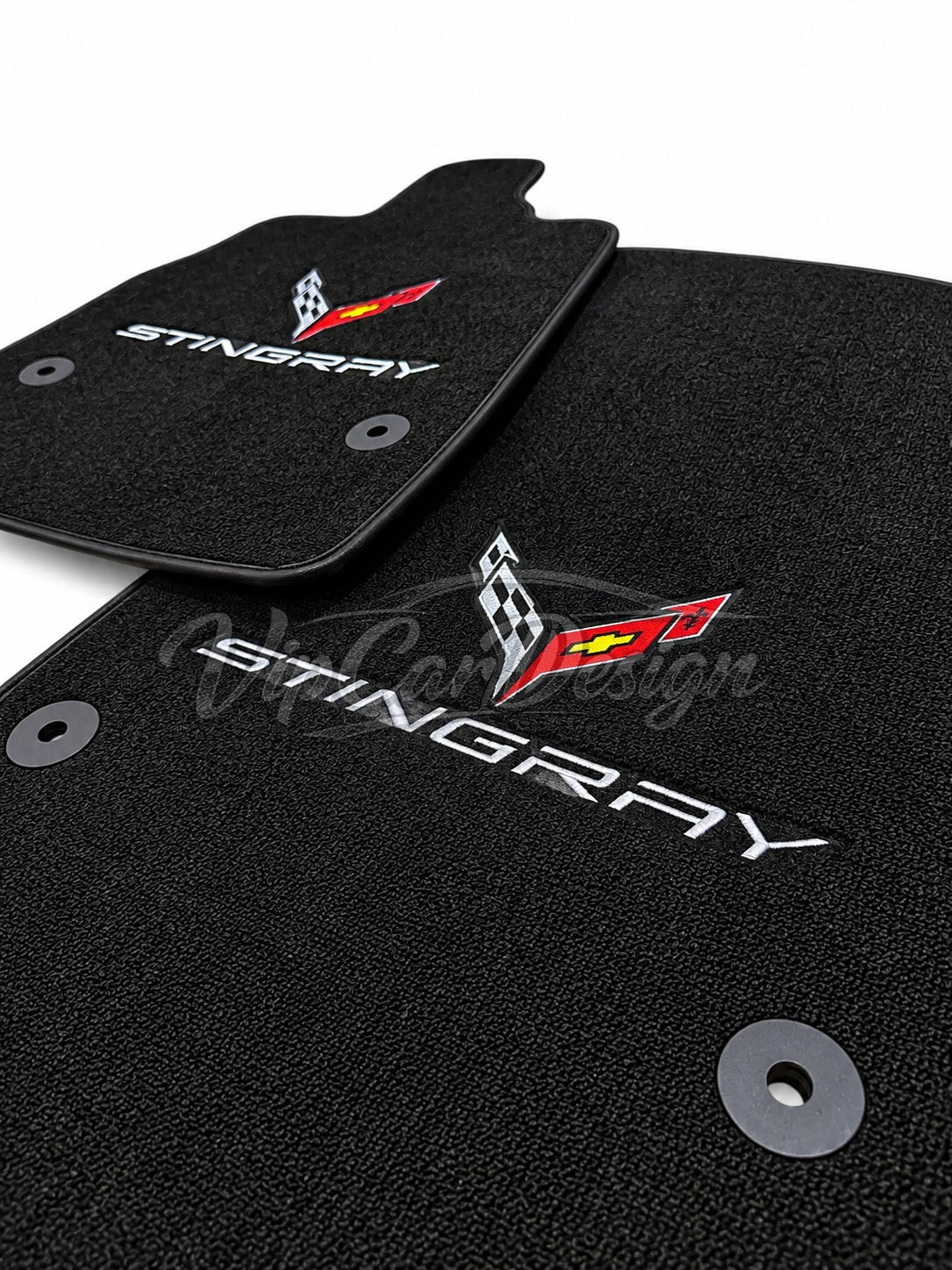 Chevrolet Corvette C7 (2014-2019) Custom Fit Floor Mats Stingray Logo - Logo Close-Up Detail | VipCarDesign