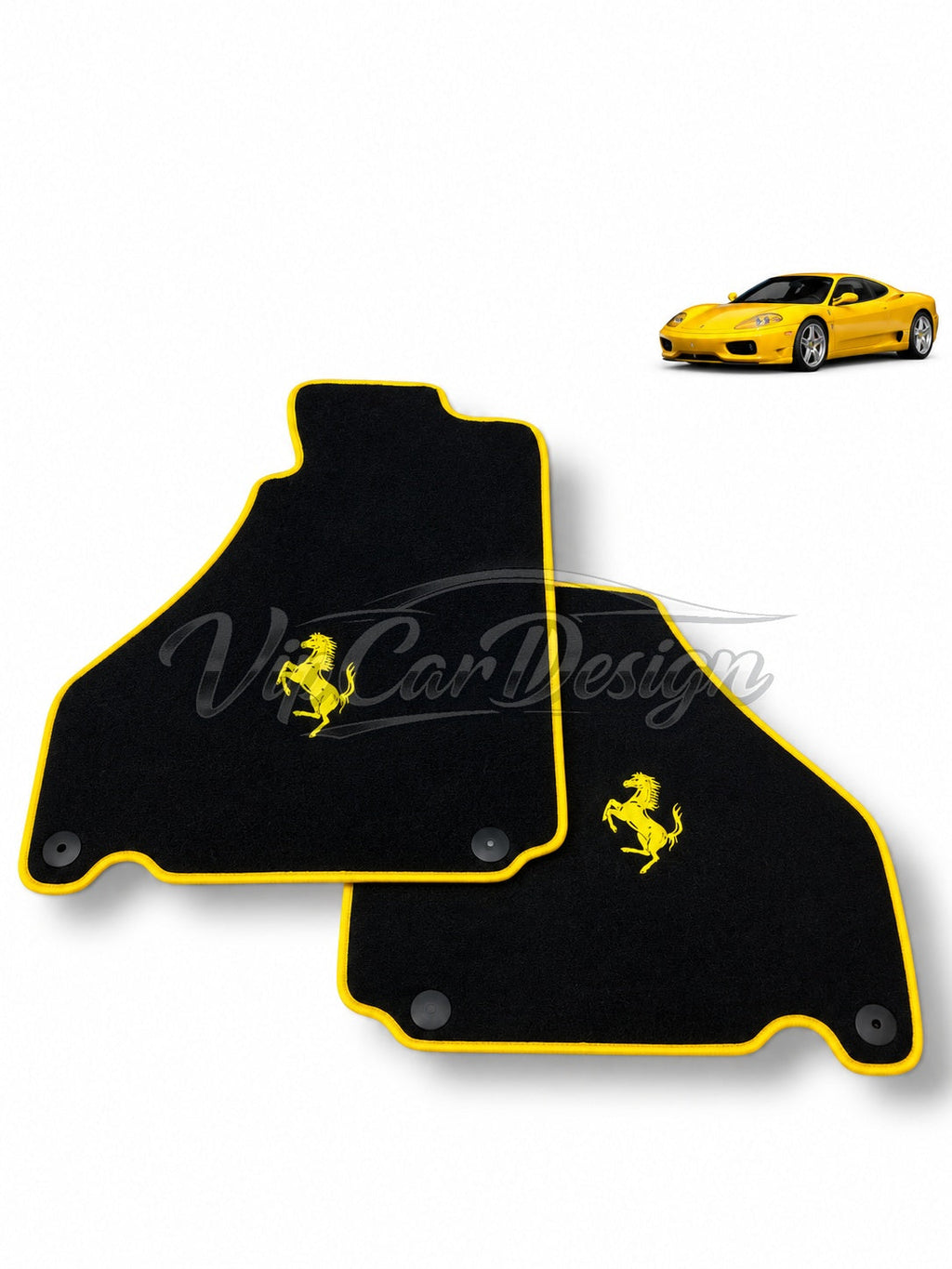 Ferrari 612 Scaglietti (2005-2011) Custom Fit Floor Mats Yellow Edging - Complete Set Overview | VipCarDesign