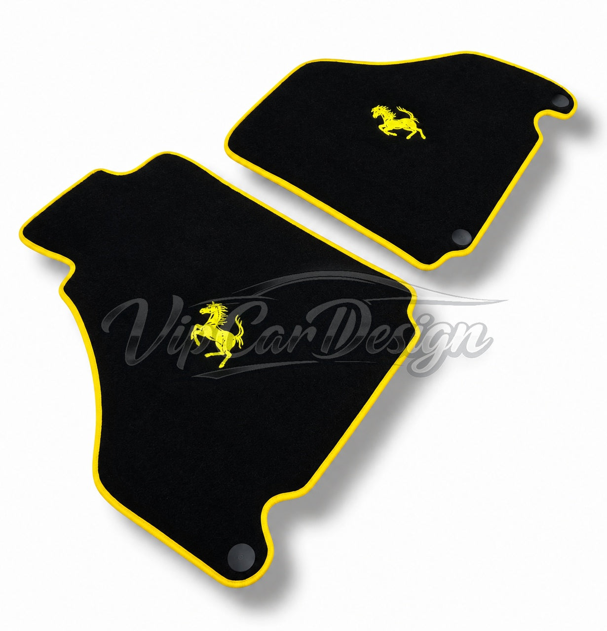 Ferrari California T (2015-2018) Custom Fit Floor Mats Yellow Edging - Full Set Angled View | VipCarDesign