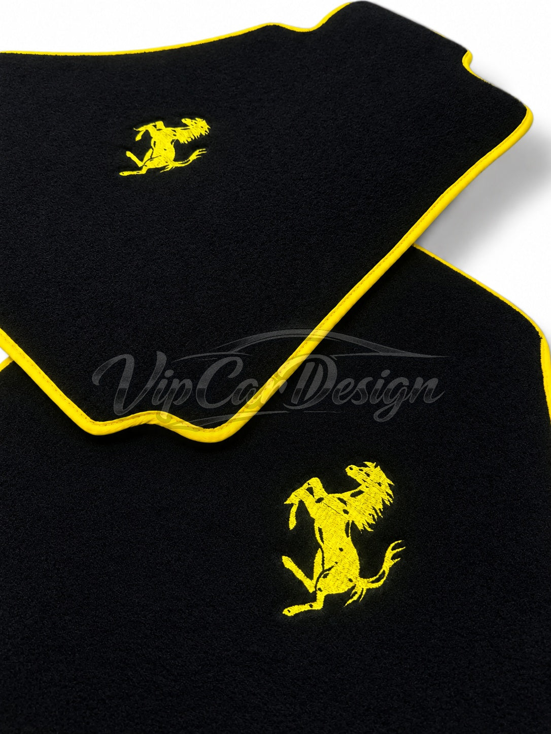 Ferrari F8 (2019-2023) Custom Fit Floor Mats Yellow Edging - Logo Embroidery Detail | VipCarDesign