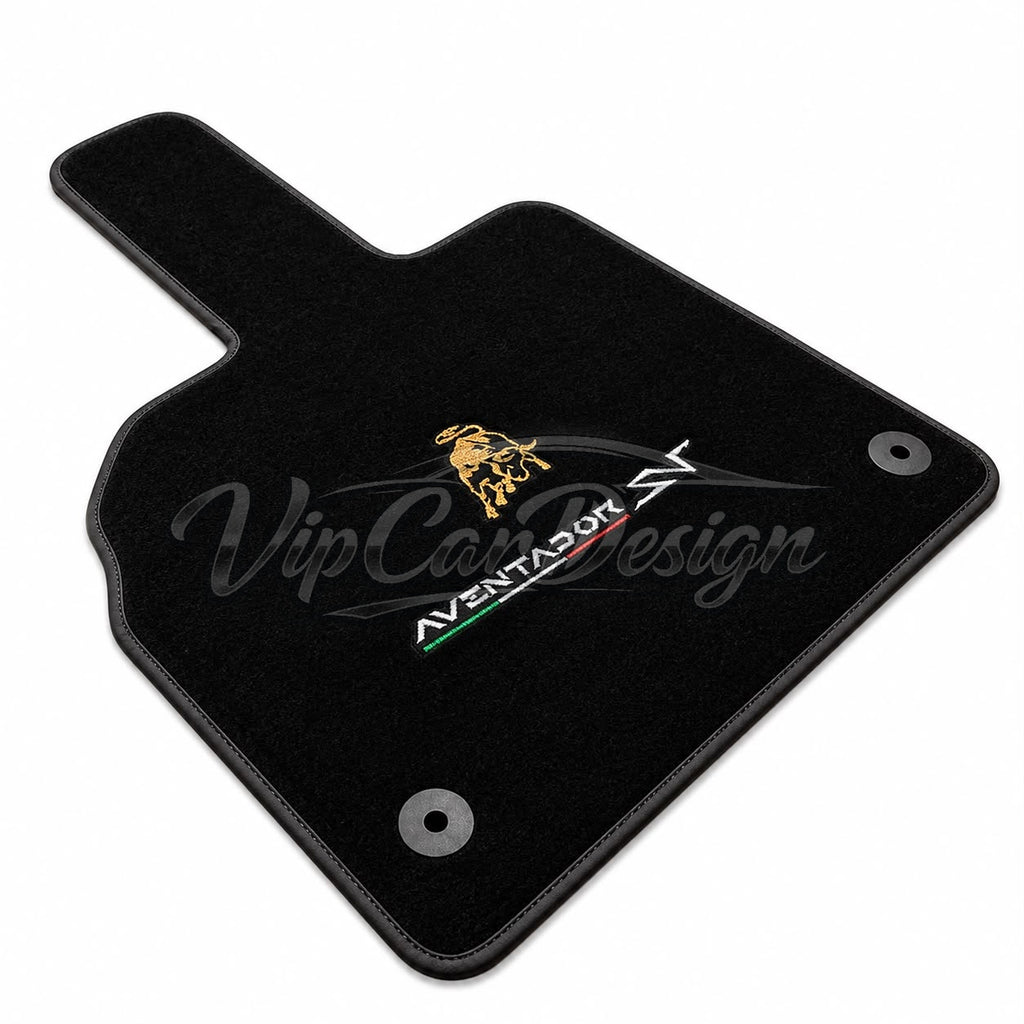 Lamborghini Aventador Custom Fit Floor Mats Aventador SV Logo - Logo Embroidery Detail | VipCarDesign