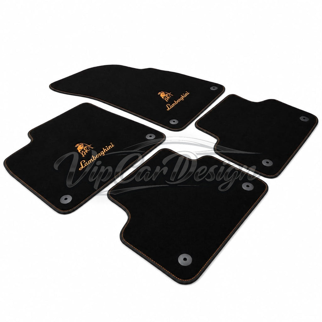 Lamborghini Aventador Custom Fit Floor Mats Lamborghini Script Logo - Full Set Angled View | VipCarDesign