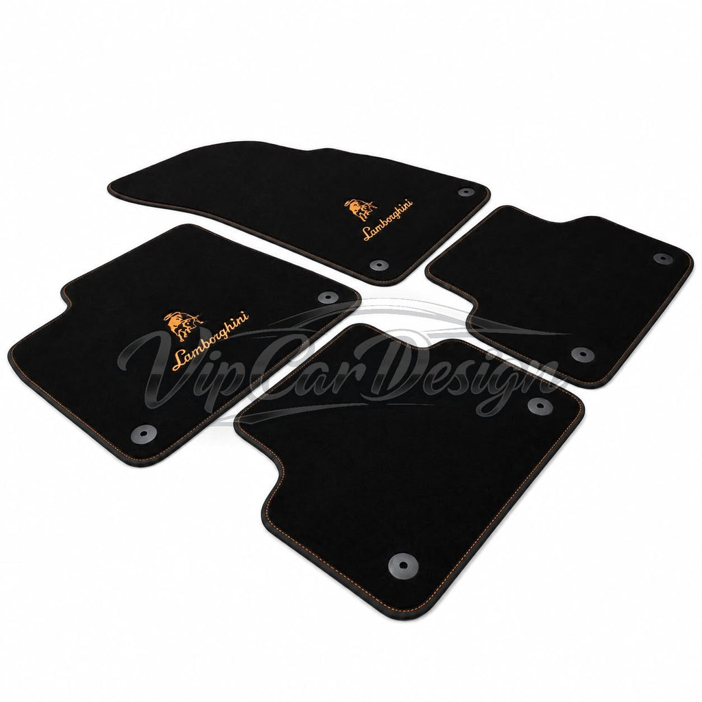 Lamborghini Huracan Sterrato Custom Fit Floor Mats Lamborghini Script Logo - Full Set Angled View | VipCarDesign