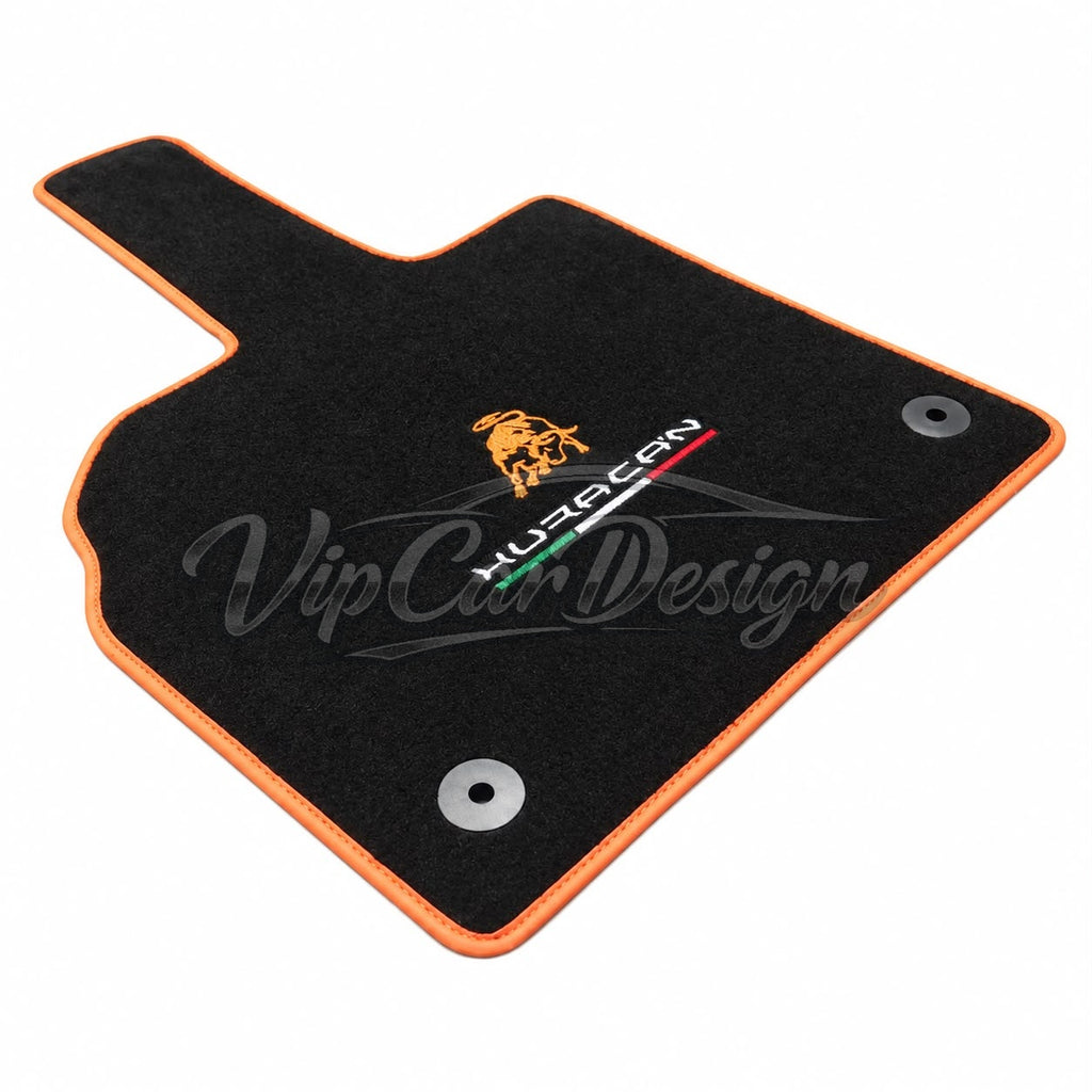 Lamborghini Huracan EVO Custom Fit Floor Mats Huracan Logo - Logo Embroidery Detail | VipCarDesign