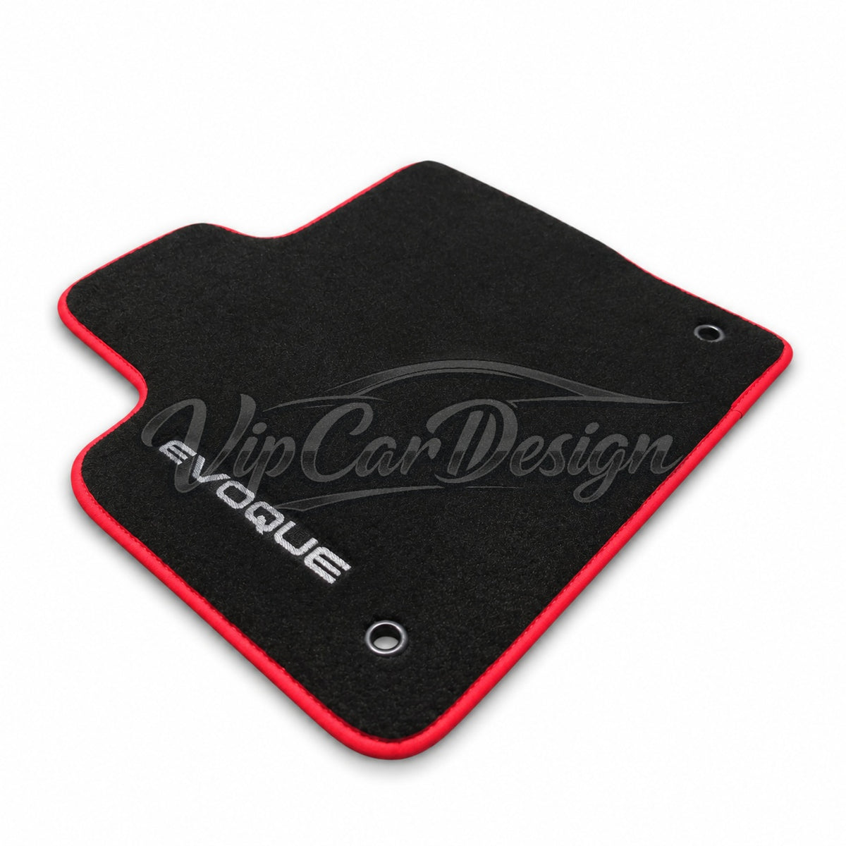 Land Rover Range Rover Evoque (2011-2018) Custom Fit Velour Floor Mats - Evoque Logo - Driver Mat Close-Up | VipCarDesign