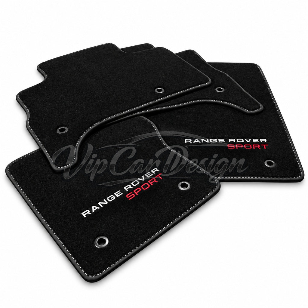 Land Rover Range Rover P38 (1995-2002) Custom Fit Velour Floor Mats - Range Rover Sport Logo - Full Set Angled View | VipCarDesign