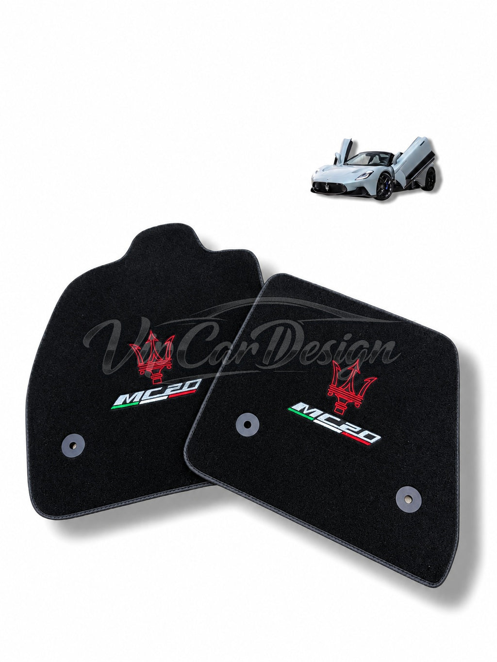 Maserati MC20 Custom Fit Floor Mats MC20 Trident Logo - Complete Set Overview | VipCarDesign
