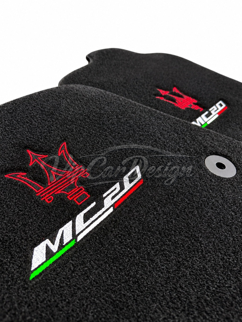 Maserati MC20 Custom Fit Floor Mats MC20 Trident Logo - Logo Embroidery Detail | VipCarDesign