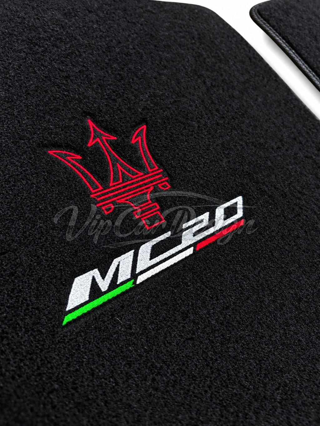 Maserati MC20 Custom Fit Floor Mats MC20 Trident Logo - Logo Close-Up Detail | VipCarDesign