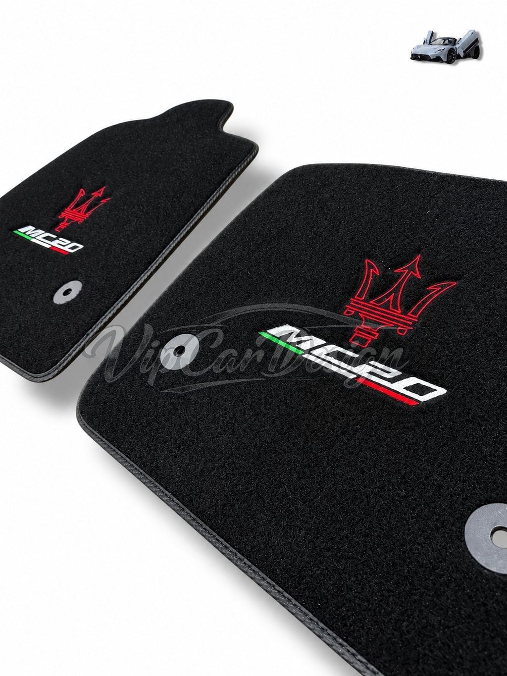 Maserati MC20 Custom Fit Floor Mats MC20 Trident Logo - Full Set Angled View | VipCarDesign
