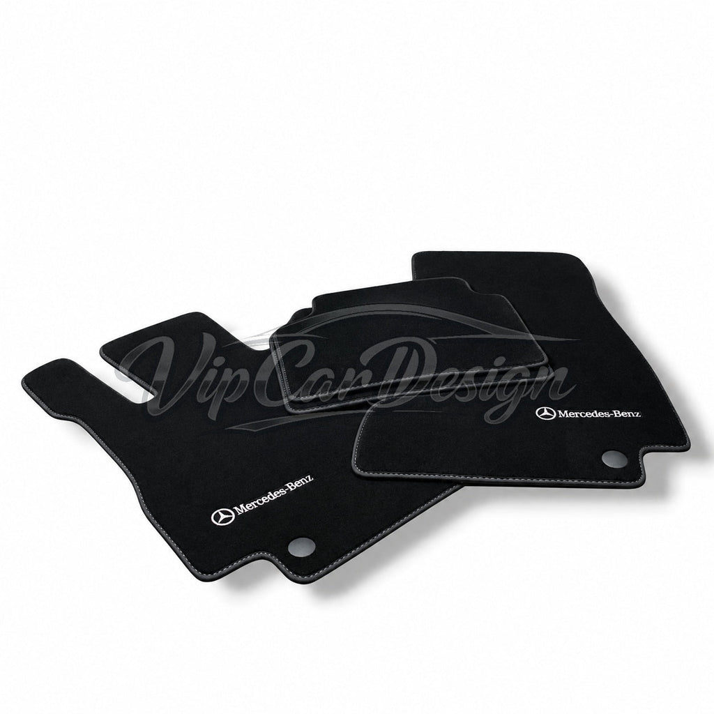 Mercedes-Benz E-Class C207 Coupe Facelift (2013-2017) Custom Fit Floor Mats Mercedes-Benz Logo - Full Set Angled View | VipCarDesign