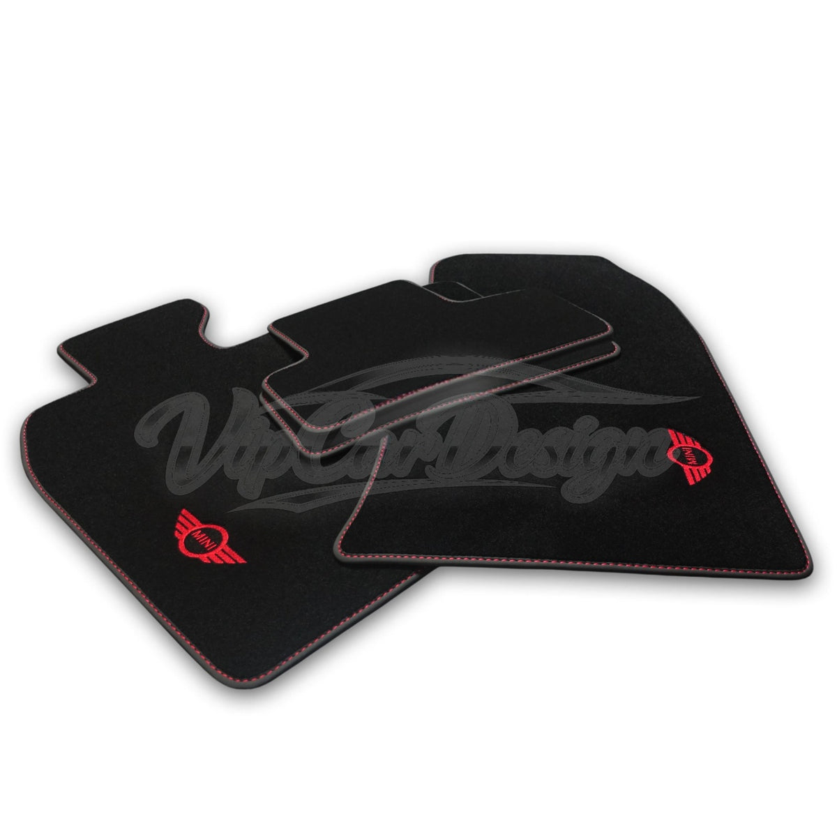 MINI Cooper One (2002-2006) Custom Fit Velour Floor Mats - Red MINI Wings Logo - Complete Set Overview | VipCarDesign
