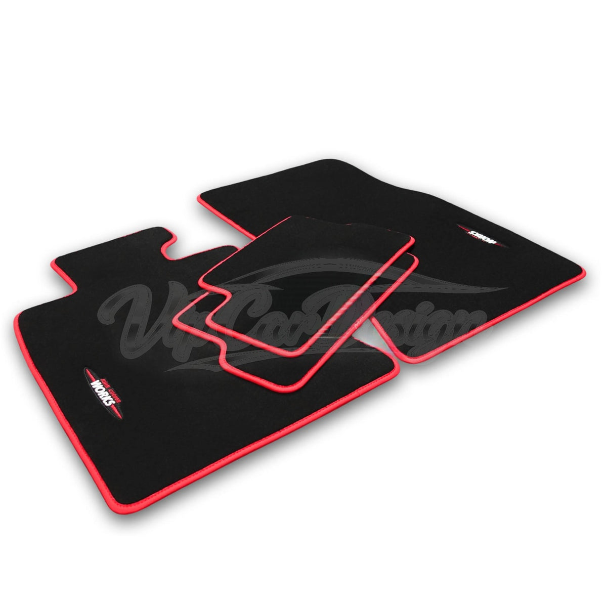 MINI Cooper R53 (2002-2006) Custom Fit Velour Floor Mats - John Cooper Works Logo - Red Edging - Complete Set Overview | VipCarDesign