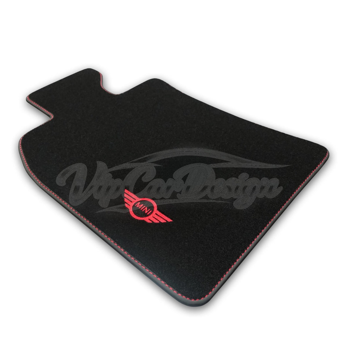 MINI Cooper R53 (2002-2006) Custom Fit Velour Floor Mats - Red MINI Wings Logo - Single Mat Detail | VipCarDesign