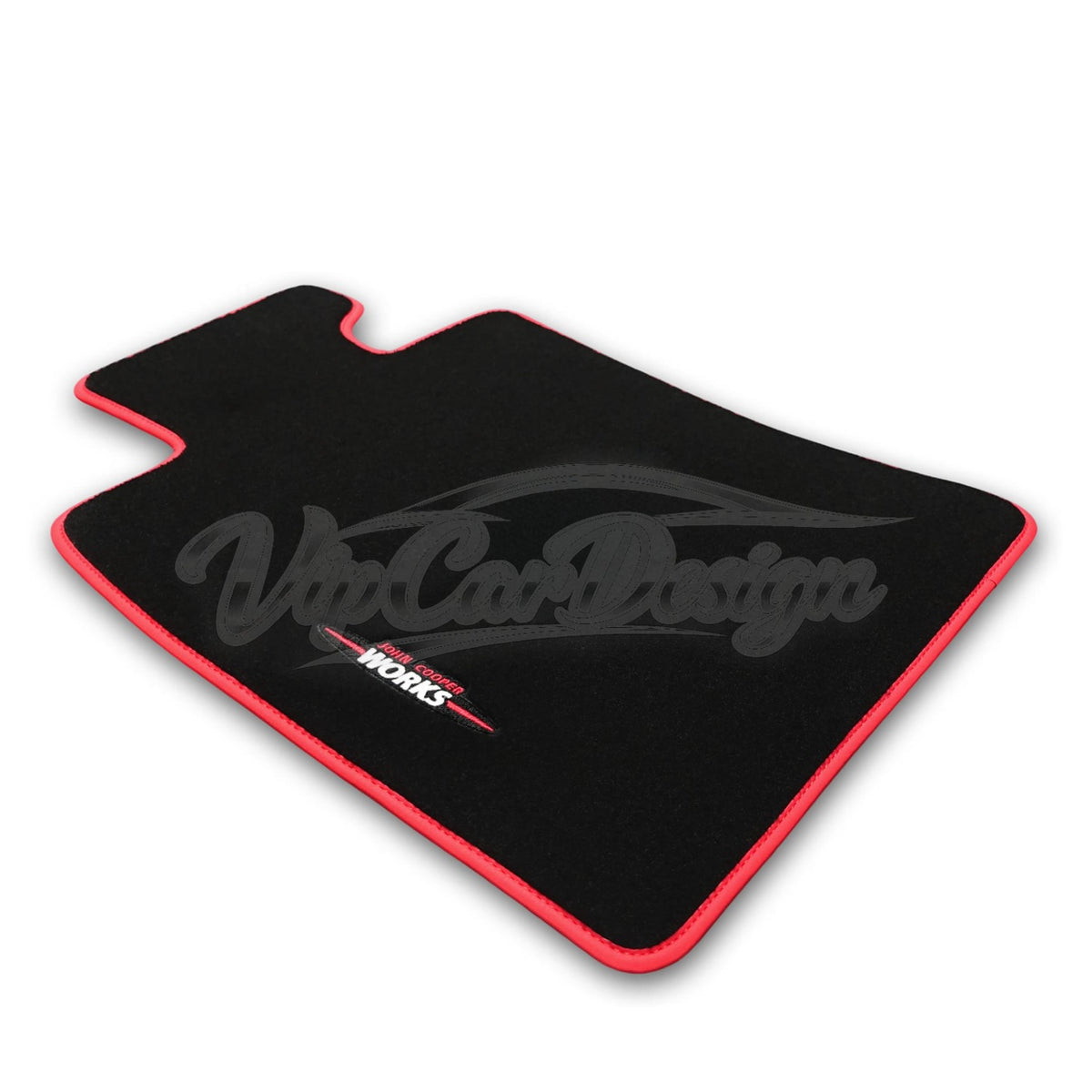 MINI Paceman (2013-2016) Custom Fit Velour Floor Mats - John Cooper Works Logo - Red Edging - Single Mat Detail | VipCarDesign
