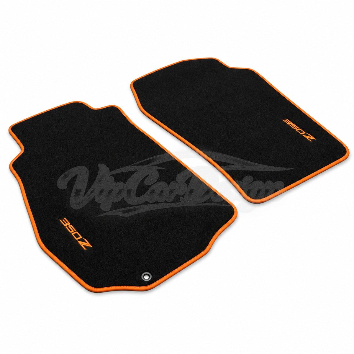 Nissan 350Z 2003 and After Custom Fit Velour Floor Mats - 350Z Logo - Orange Edging - Full Set Angled View | VipCarDesign