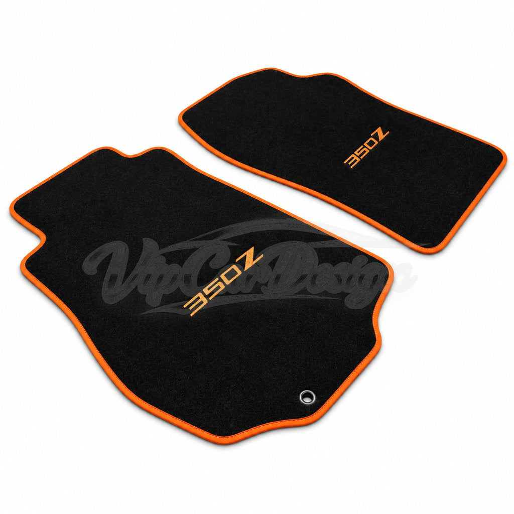 Nissan 350Z 2003 and After Custom Fit Velour Floor Mats - 350Z Logo - Orange Edging - Front Floor Mats | VipCarDesign