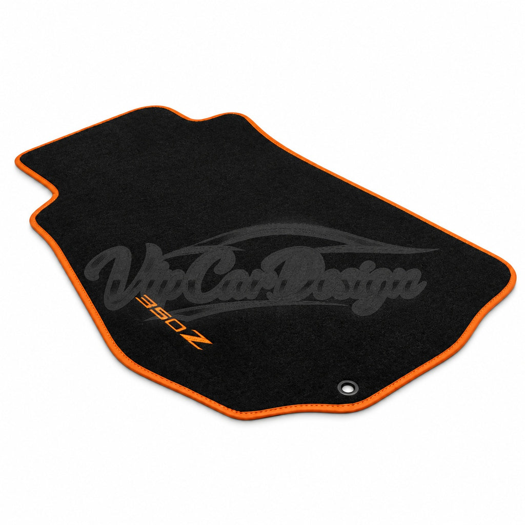 Nissan 350Z 2003 and After Custom Fit Velour Floor Mats - 350Z Logo - Orange Edging - Single Mat Detail | VipCarDesign