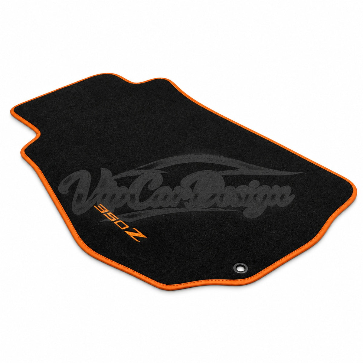 Nissan 350Z 2003 and After Custom Fit Velour Floor Mats - 350Z Logo - Orange Edging - Single Mat Detail | VipCarDesign