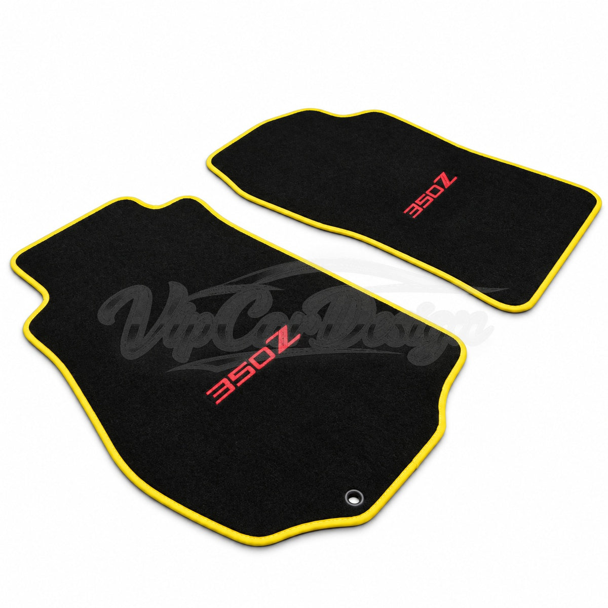 Nissan 350Z 2003 and After Custom Fit Velour Floor Mats - 350Z Logo - Yellow Edging - Front Floor Mats | VipCarDesign