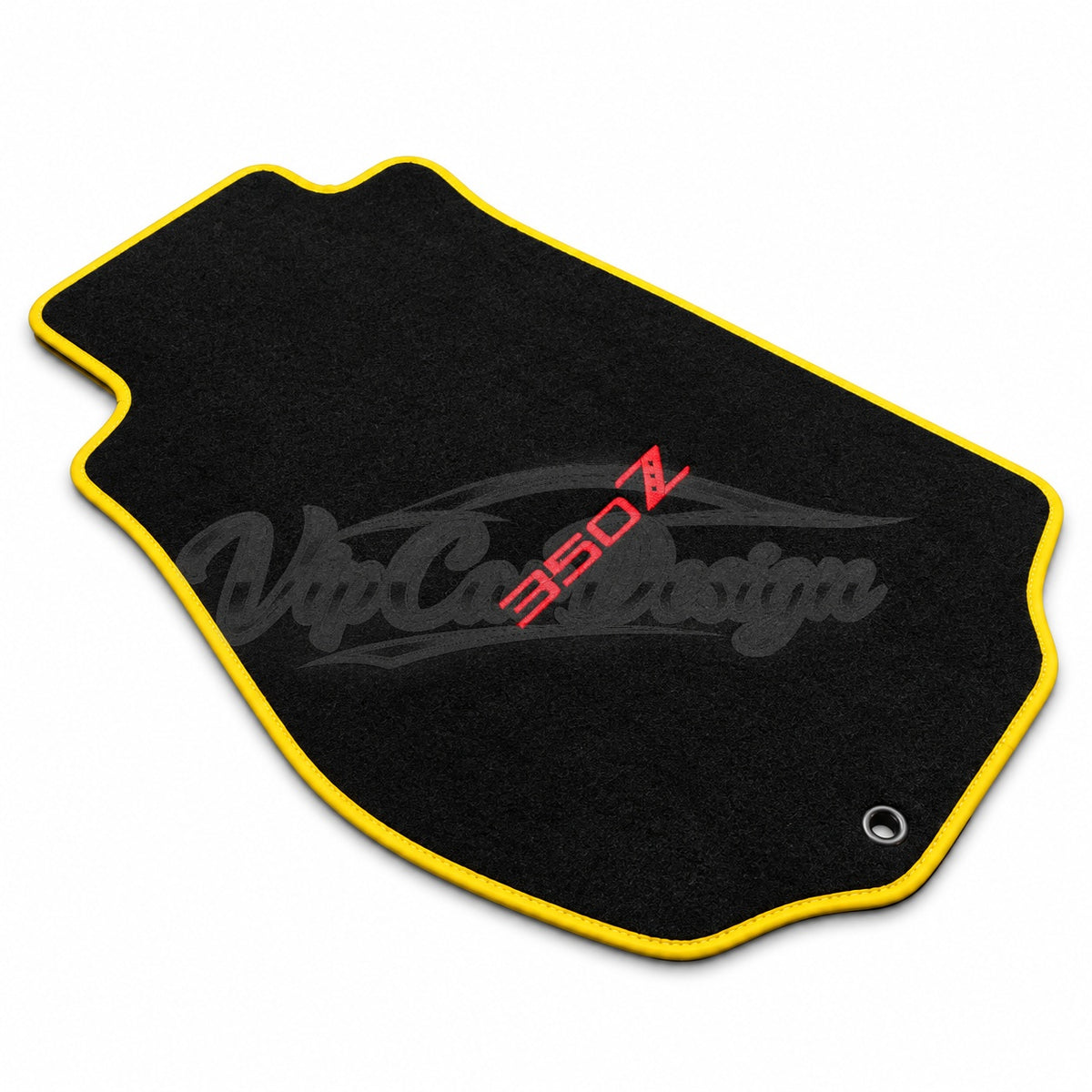 Nissan 350Z 2003 and After Custom Fit Velour Floor Mats - 350Z Logo - Yellow Edging - Single Mat Detail | VipCarDesign