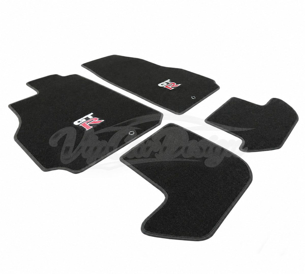 Nissan GT-R R35 2009 and After Custom Fit Velour Floor Mats - GT-R Logo - Black Edging - Complete Set Overview | VipCarDesign