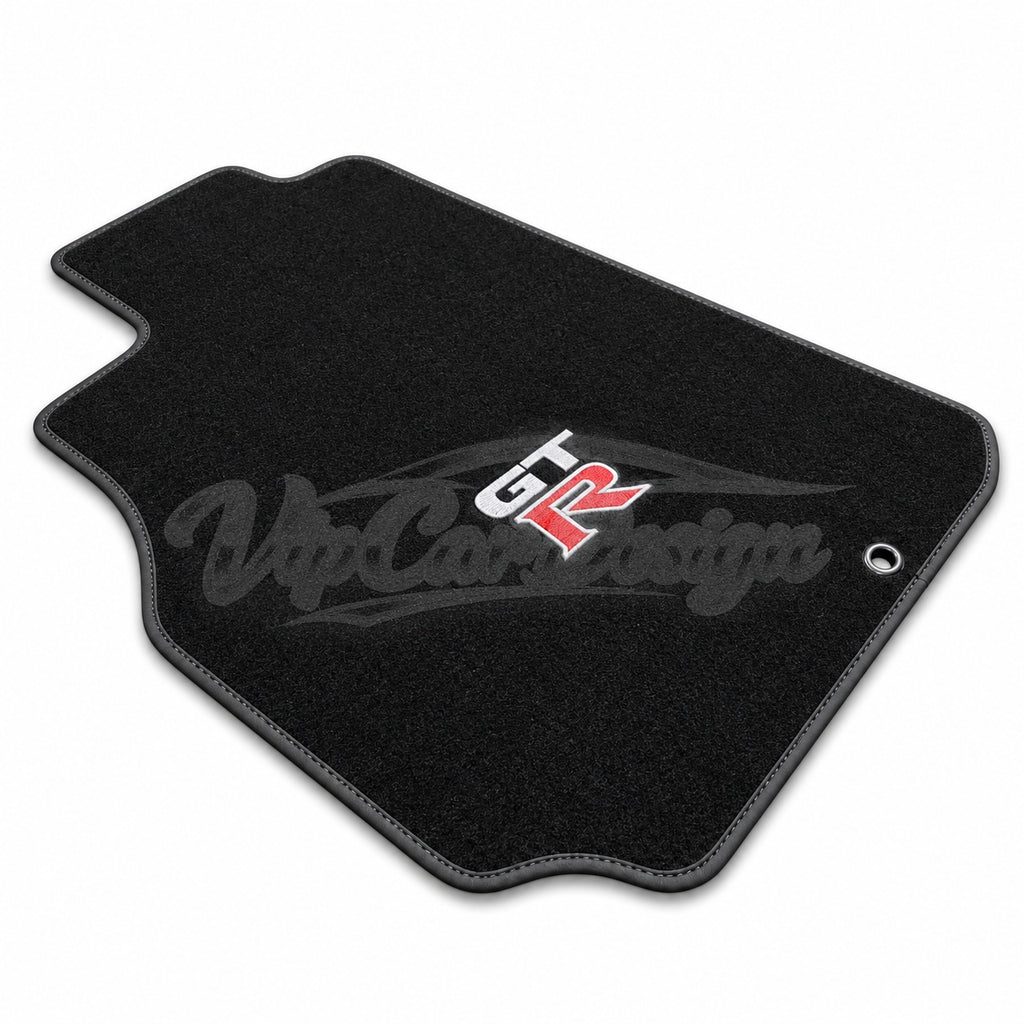 Nissan GT-R R35 2009 and After Custom Fit Velour Floor Mats - GT-R Logo - Black Edging - Single Mat Detail | VipCarDesign