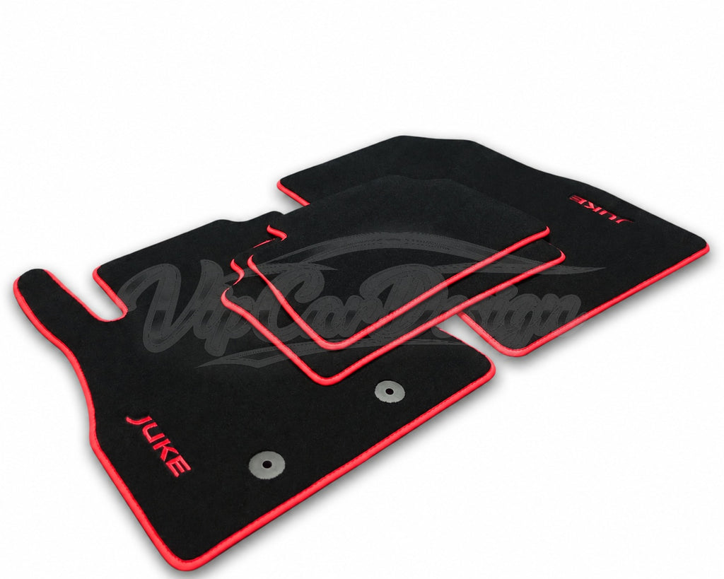 Nissan Juke F15 (2010-2019) Custom Fit Velour Floor Mats - Juke Logo - Red Edging - Complete Set Overview | VipCarDesign