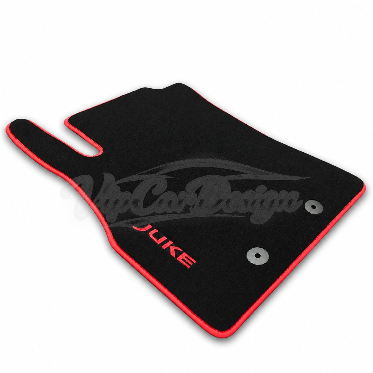 Nissan Juke F15 (2010-2019) Custom Fit Velour Floor Mats - Juke Logo - Red Edging - Single Mat Detail | VipCarDesign