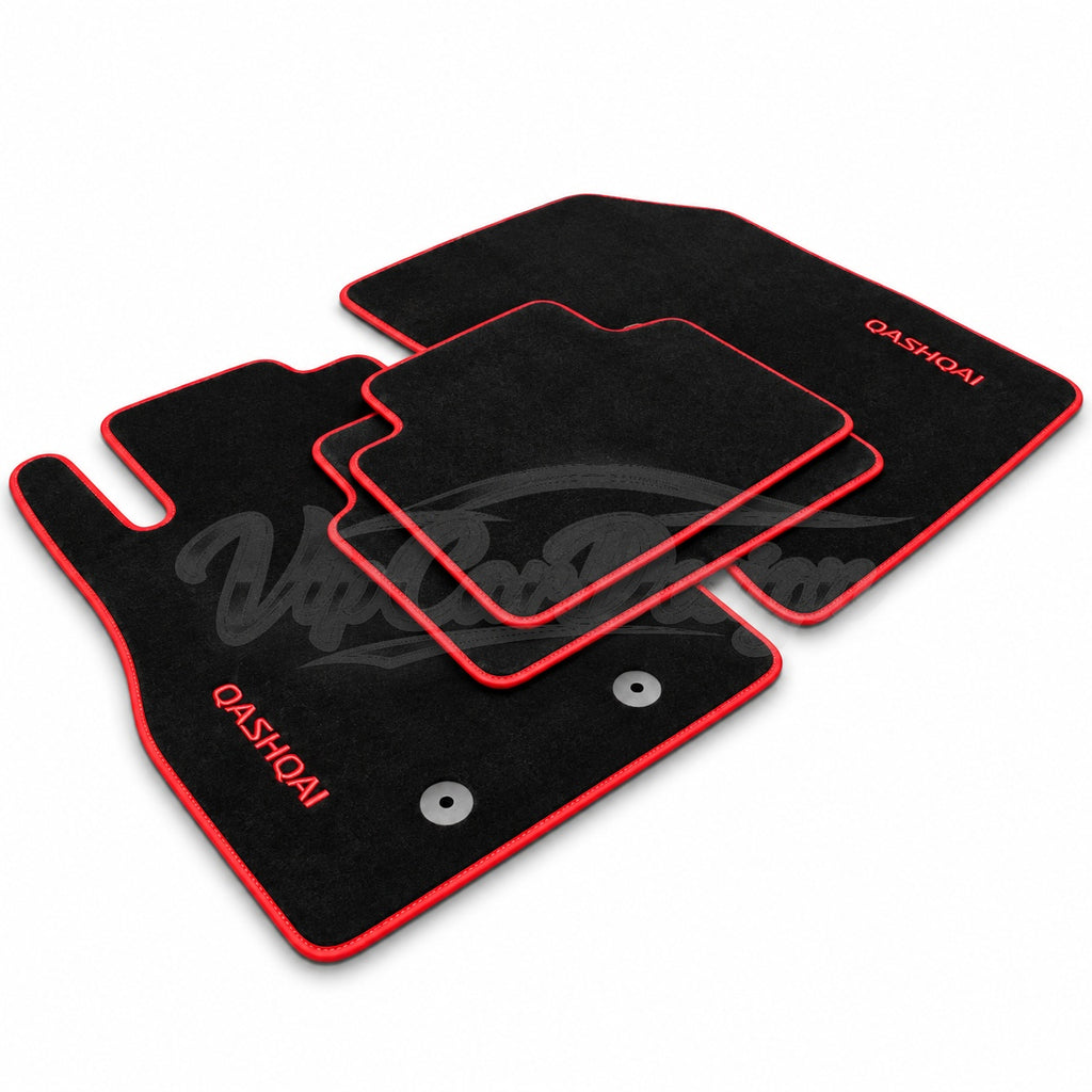 Nissan Qashqai 1 (2007-2013) Custom Fit Velour Floor Mats - Qashqai Logo - Red Edging - Complete Set Overview | VipCarDesign