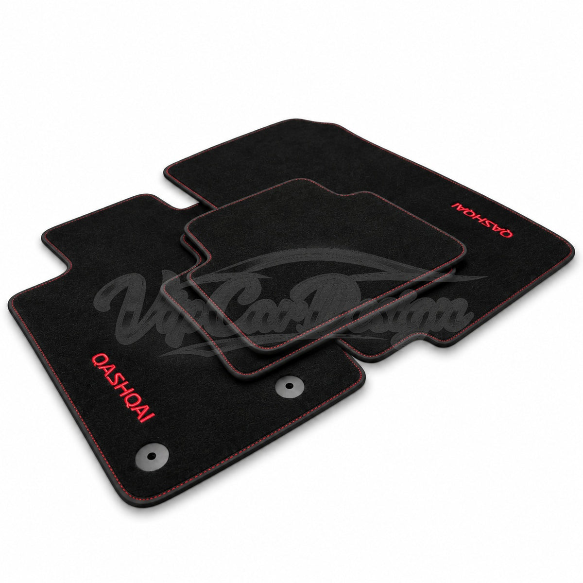 Nissan Qashqai 1 (2007-2013) Custom Fit Velour Floor Mats - Qashqai Logo - Red Stitching - Complete Set Overview | VipCarDesign