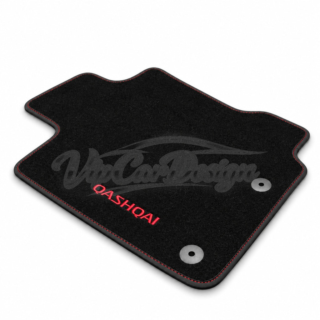 Nissan Qashqai 1 (2007-2013) Custom Fit Velour Floor Mats - Qashqai Logo - Red Stitching - Single Mat Detail | VipCarDesign