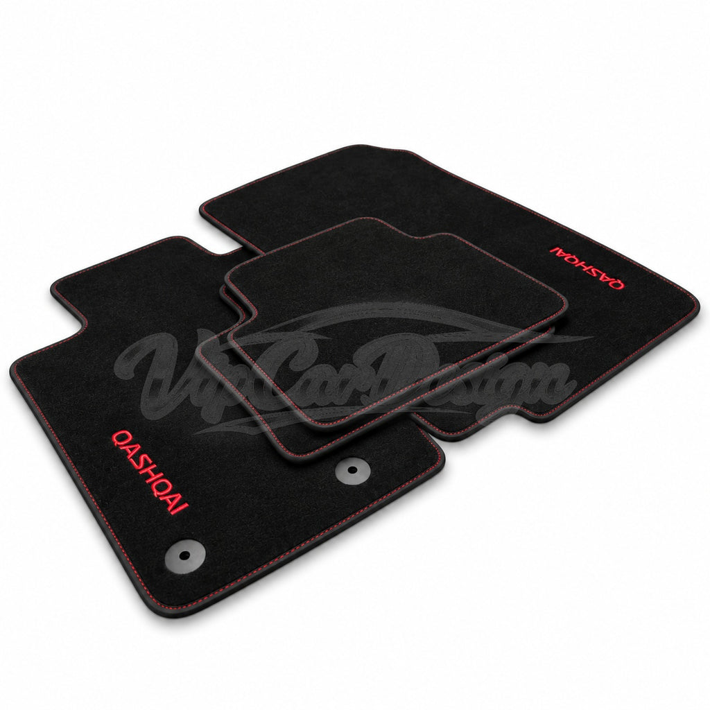Nissan Qashqai 2 (2014-2021) Custom Fit Velour Floor Mats - Qashqai Logo - Red Stitching - Complete Set Overview | VipCarDesign