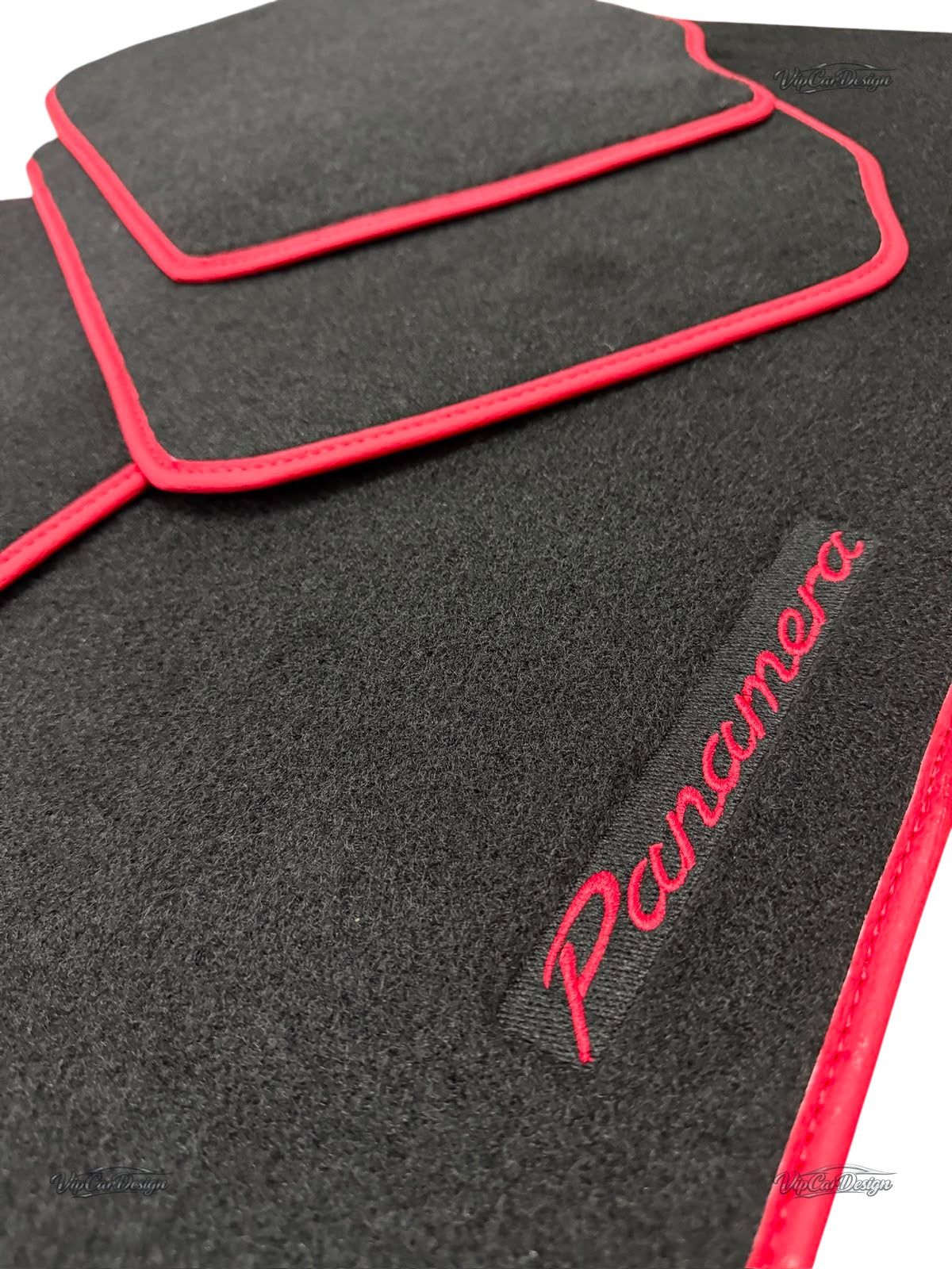 Porsche Panamera (2017-2023) Custom Fit Floor Mats Panamera Logo - Full Set Angled View | VipCarDesign