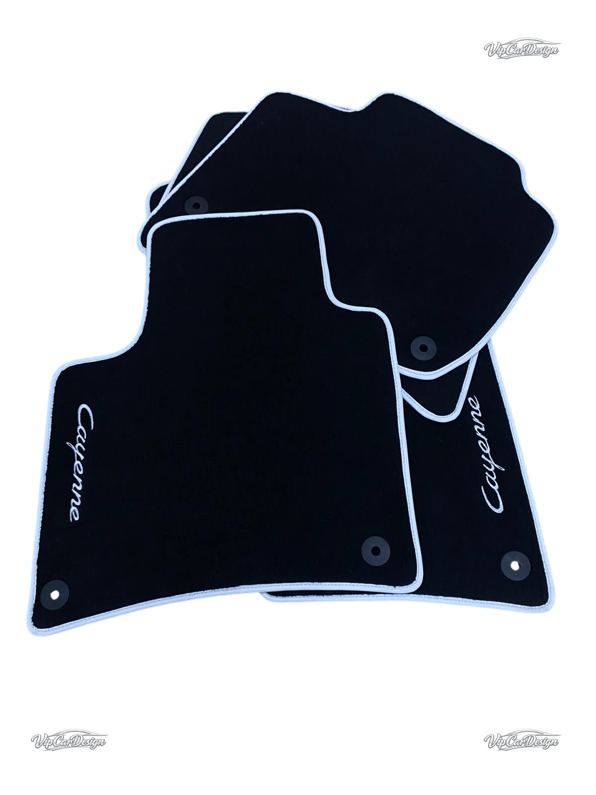 Porsche Cayenne (2003-2010) Custom Fit Floor Mats Cayenne Logo - Full Set Angled View | VipCarDesign