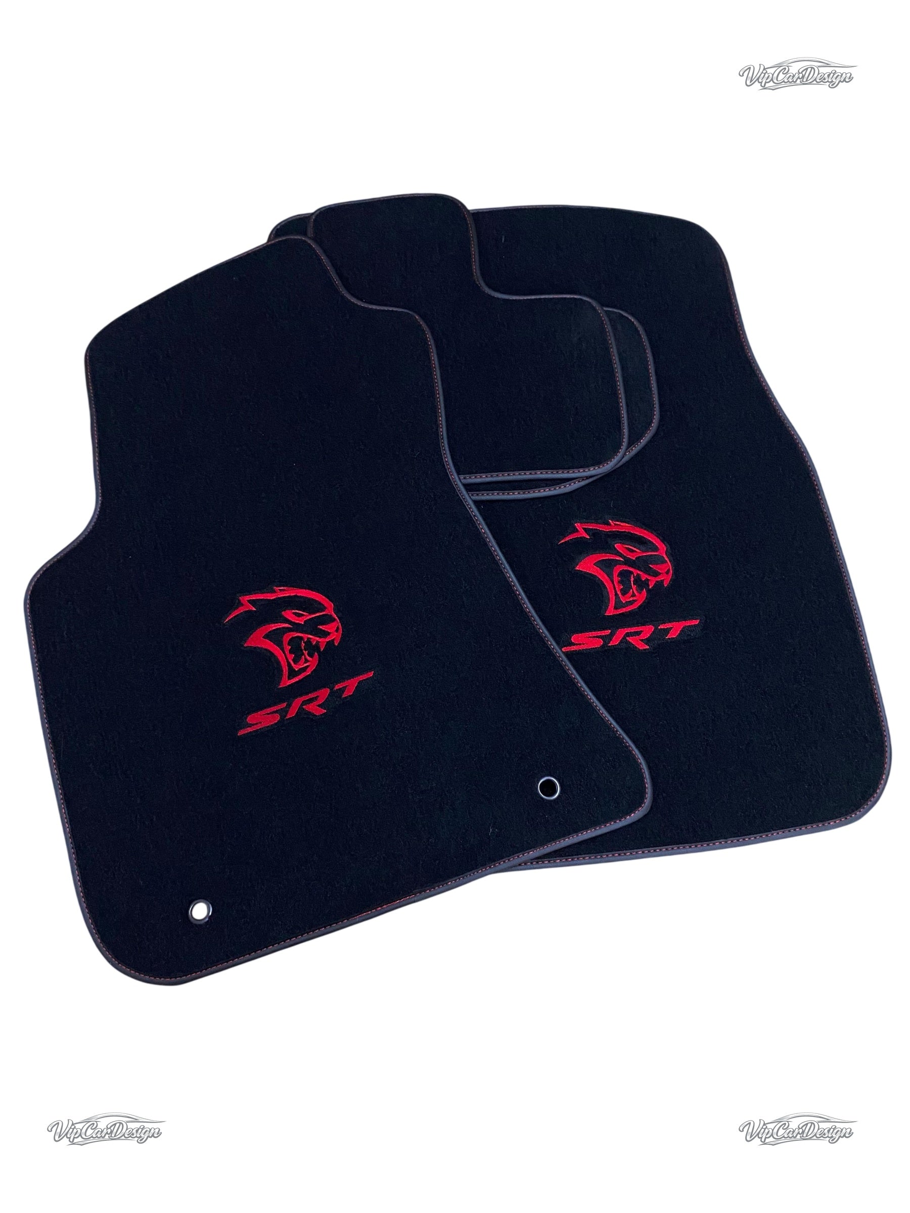 Dodge Challenger SRT Hellcat (2015-2023) Custom Fit Floor Mats SRT - Full Set Angled View | VipCarDesign