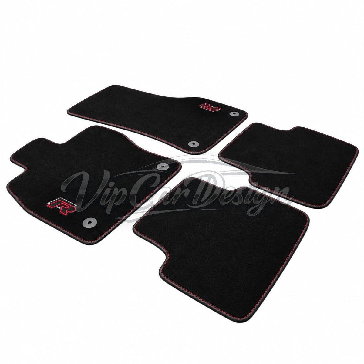 Volkswagen Polo 6C (2014-2017) Custom Fit Floor Mats R Logo - Full Set Angled View | VipCarDesign